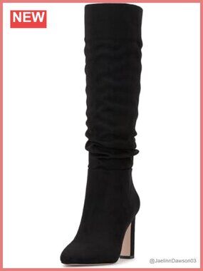 Knee High Slouch Boots Almond Toe Block Heel Faux Suede Pull On